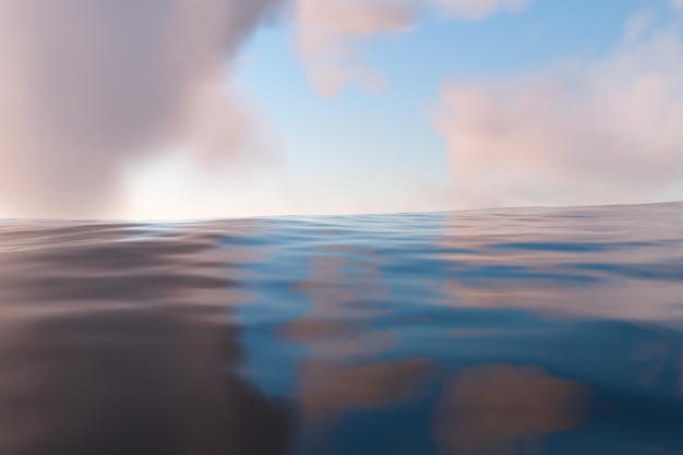 L'ampio oceano con il sole che attraversa il rendering 3d delle nuvole