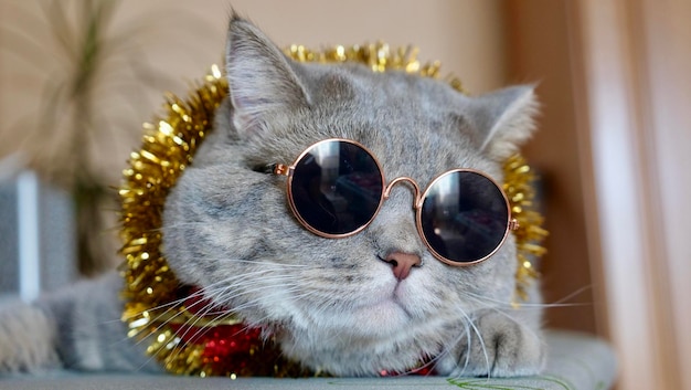 L'animale domestico è un gatto scozzese britannico straighteared per il nuovo anno 2022 Natale con gli occhiali che guardano nella telecamera Un simpatico animale grigio celebra le vacanze