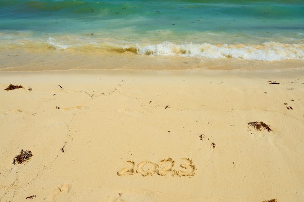 L'anno 2023 è dipinto sulla sabbia di una spiaggia sabbiosa