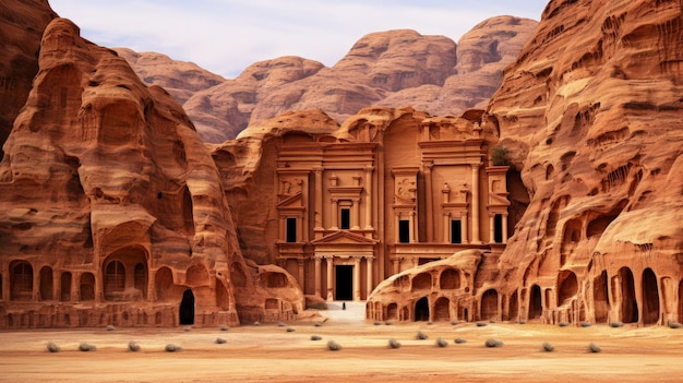 L'antica città di Petra Jordan, architettura scolpita nella roccia del deserto, creata con la tecnologia Generative AI.