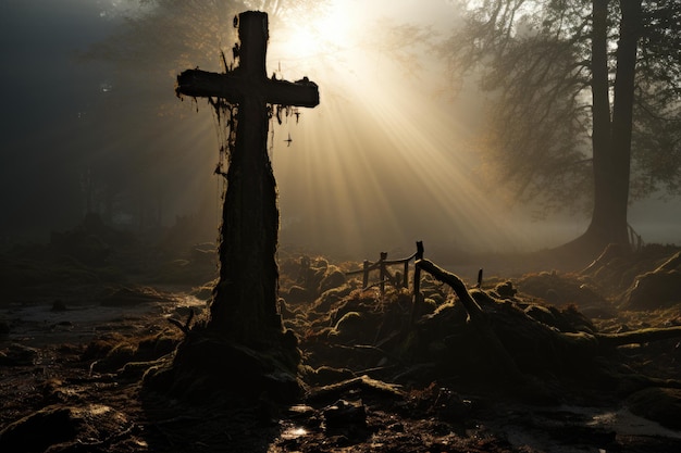 L'antica croce emerge nella nebbia tra gli alberi generativi IA