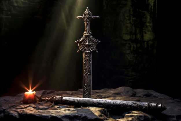 L'antica spada poggiata su un piedistallo di pietra dettagli intricati della maniglia