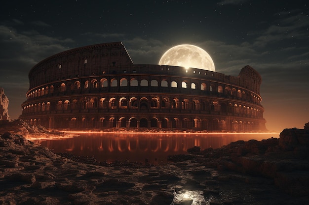 L'antico Colosseo illuminato dal bagliore etereo di un lun 00022 00.