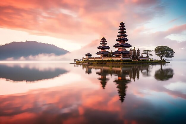 L'antico pura ulun danu bratan besakih o famoso tempio indù e turista nell'isola di Bali all'alba