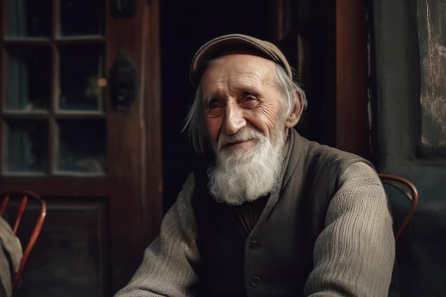 L'anziano pensionato sta riposando in pensione sulla sedia sotto il portico di una casa nel villaggio Generative AI