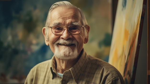 L'anziano sorridente nello studio tiene un cavalletto davanti alla tela colorata Generative AI AIG21