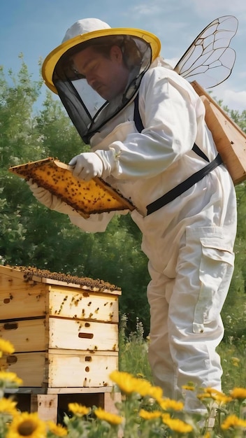 L'ape alata vola lentamente verso l'apicoltore per raccogliere il nettare sull'apiario privato dai fiori vivi dell'apiario