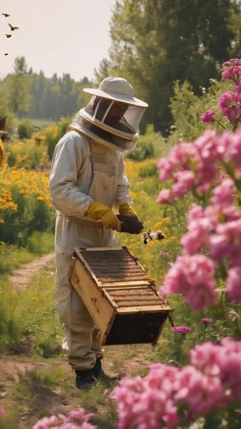 L'ape alata vola lentamente verso l'apicoltore per raccogliere il nettare sull'apiario privato dai fiori vivi dell'apiario