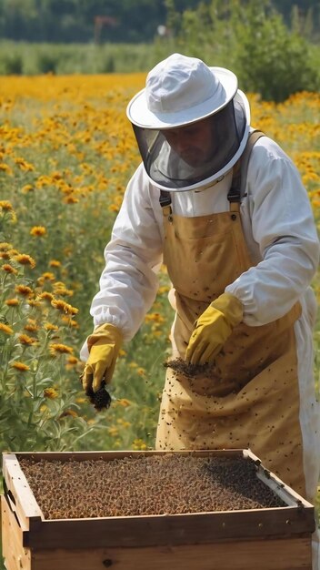 L'ape alata vola lentamente verso l'apicoltore per raccogliere il nettare sull'apiario privato dai fiori vivi dell'apiario