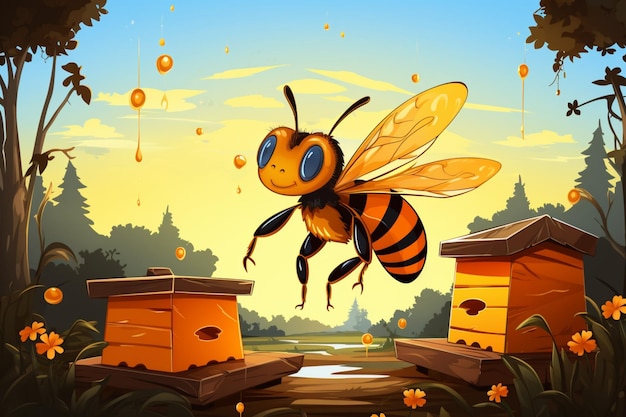 L'ape dei cartoni animati di campagna sui barattoli di miele dell'alveare nelle vicinanze delle api mellifere vola un'illustrazione affascinante