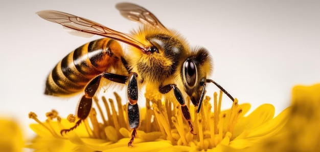 L'ape del miele si siede su un fiore e raccoglie il nettare Primo piano di un insetto funzionante IA generativa