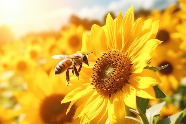 l'ape e l'ape sul girasole giallo brillante in estate