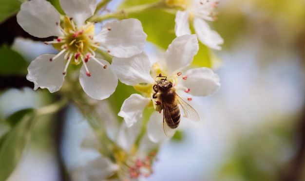 L'ape impollina un fiore in fiore in primo piano primaverile