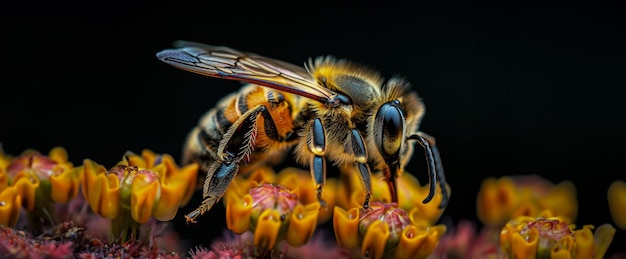 L'ape mellifera su fiori selvatici colorati con una consistenza dettagliata