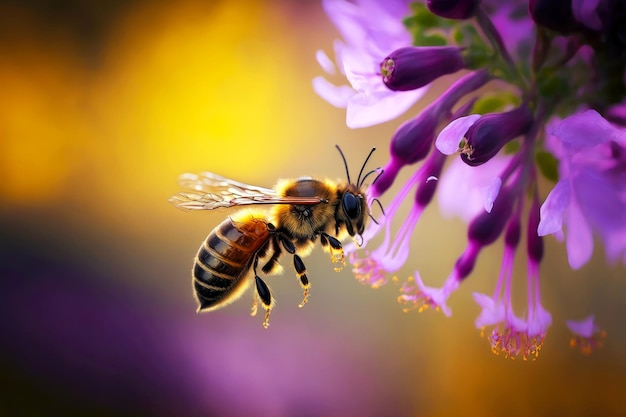 L'ape vola nel giardino fiorito con il fiore dell'ape e raccoglie il polline creato con l'ai generativo