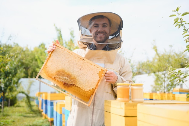 L'apicoltore che lavora raccoglie il miele Concetto di apicoltura