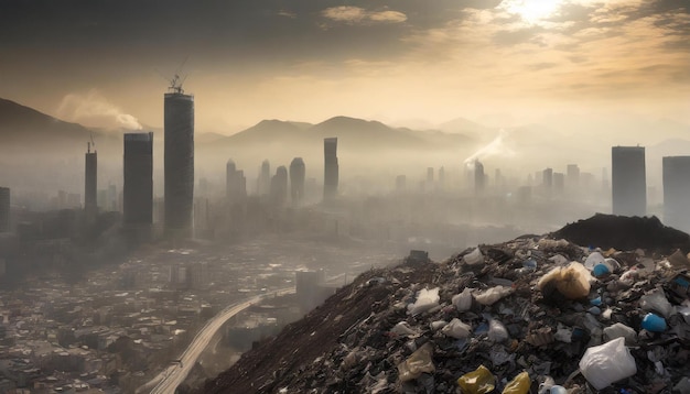 L'apocalisse nella grande città Smog grigio e montagne di spazzatura Catastrofe ecologica