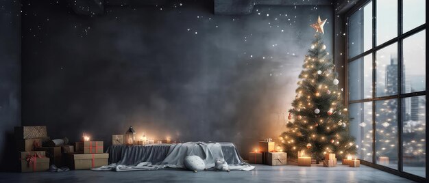 L'appartamento del loft è decorato con scatole di regali per l'albero di Natale, candele luminose su un luogo di struttura in cemento.