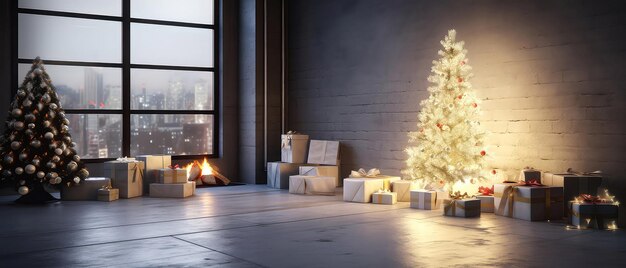 L'appartamento del loft è decorato con scatole di regali per l'albero di Natale, candele luminose su un luogo di struttura in cemento.