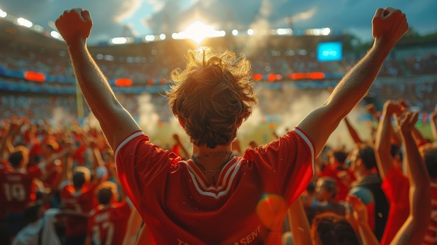 L'applauso degli appassionati di sport e le braccia alzate durante una partita in uno stadio La gente è eccitata gridando e applaudendo mentre sostiene la sua squadra