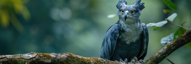 L'aquila arpia grigia scura e bianca è appoggiata con lo sguardo focalizzato sullo spettatore