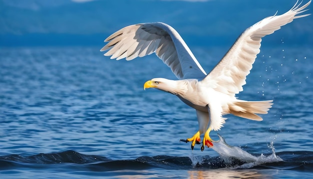 L'aquila bianca che vola sulla cima dell'oceano cattura il pesce