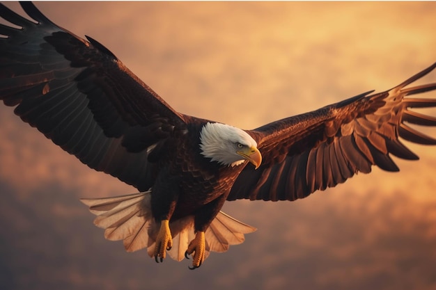 L'aquila calva in volo al tramonto