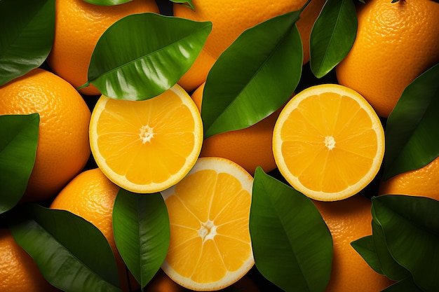 L'arancia fresca e le fette con foglie di sfondo concetto di vitamina C