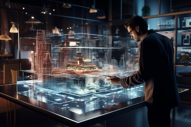 L'architetto che indossa gli occhiali VR costruisce una città brillante e intelligente futuro sostenibile Ai Generative