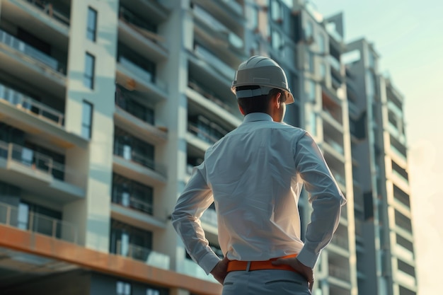 L'architetto d'affari indossa un cappello duro in piedi di un progetto di costruzione
