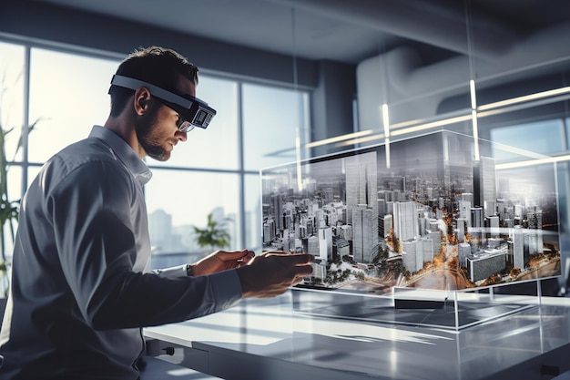 L'architetto progressista lavora con la progettazione di edifici virtuali digitali con occhiali per realtà virtuale