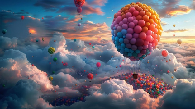 L'arcobaleno e i palloncini in nuvole astratte 3D punteggiano la scena una vibrante e colorata escapade che galleggia in capricciosa AI Generative