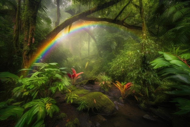 L'arcobaleno lussureggiante nella foresta pluviale le farfalle e il torrente cristallino generativo IA