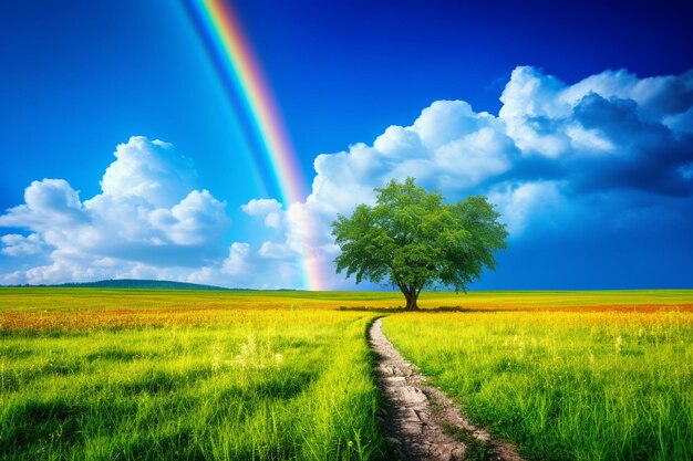 L'arcobaleno sulla strada in mezzo agli alberi sul campo contro il cielo