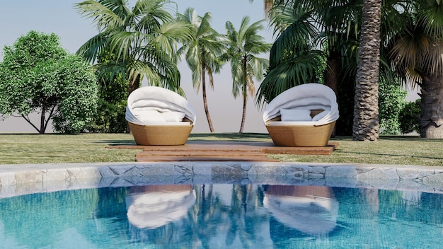 L'area ricreativa si trova vicino alla piscina e alle palme. illustrazione 3D.