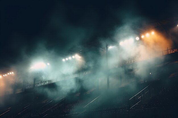 L'arena luminosa dello stadio illumina le luci dello stadio e il fumo contro la notte oscura