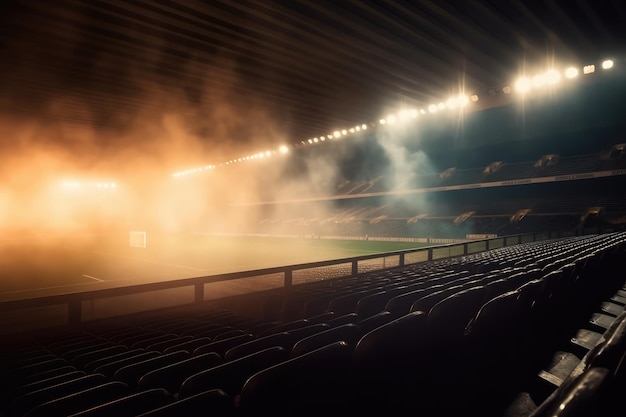L'arena luminosa dello stadio illumina le luci dello stadio e il fumo