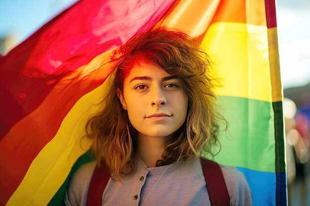 L'armonia LGBT una giovane lesbica e la bandiera dell'arcobaleno