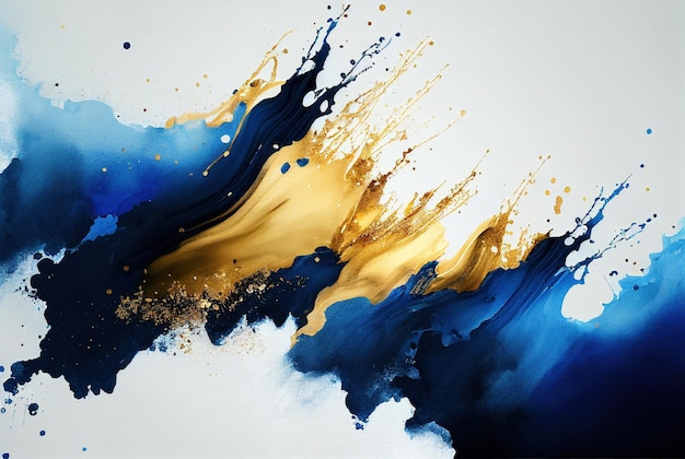 L'arte astratta vernice blu e oro sfondo pittura ad acquerello