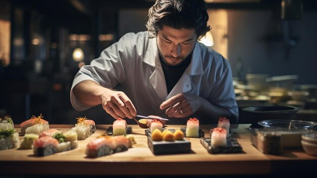 L'arte cinematografica del sushi che incornicia la preparazione di uno chef di sushi