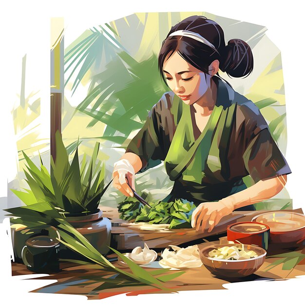 L'arte dell'acquerello di preparare foglie di bambù Zongzi e ingredienti focalizzati sul cibo Festival Dongzhi