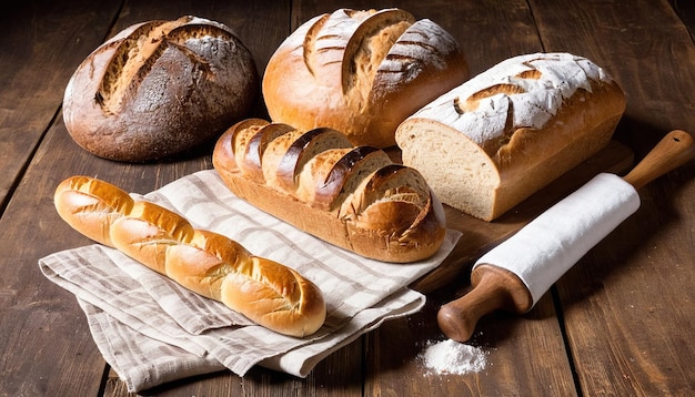 L'arte di cucinare pane e farina freschi su un tavolo di legno
