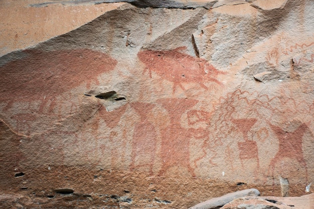 L'arte rupestre include figure umanoidi e animali sulle scogliere sopra il Mekong che si stima abbiano 3000 anni nel Parco Nazionale di Pha Taem a Ubon Ratchathani Thailandia