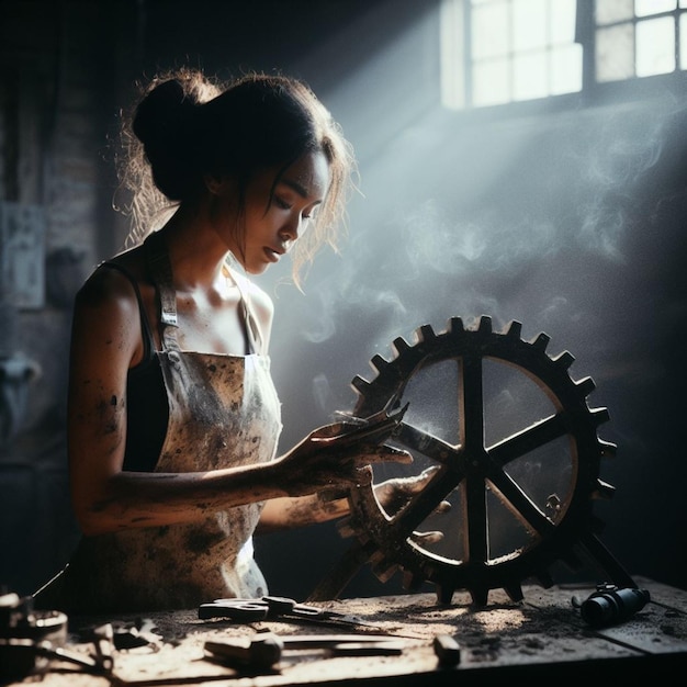l'artigiano della giovane donna ripara una macchina del tempo con ingranaggi in un'officina buia