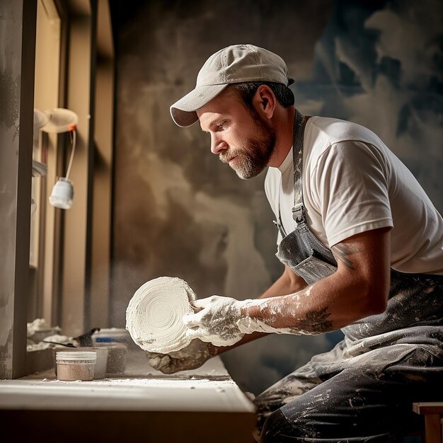 L'artigiano professionista al lavoro per la perfezione del gesso