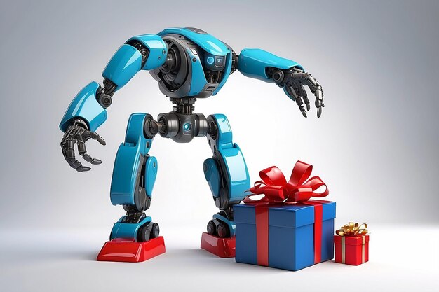 L'artiglio robotico rosso prende una scatola regalo di Natale vincitore concetto 3D rendering