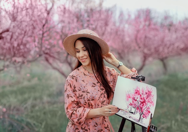 L'artista della ragazza dipinge un frutteto di pesche in una primavera di frutteto di pesche