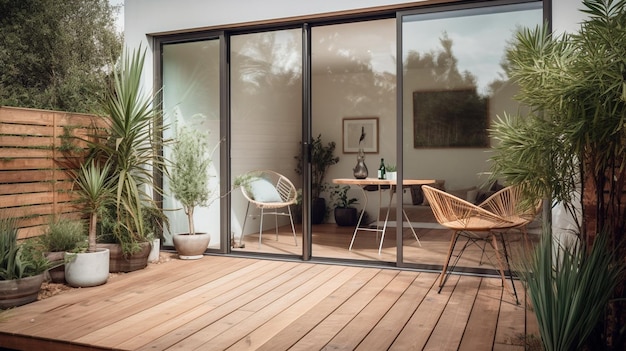 L'aspetto generale di un patio con giardino con piano di calpestio in legno in vasi generativi ai