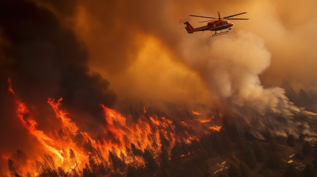 l'assalto aereo su un incendio di montagna durante il crepuscolo con l'attenzione sul paesaggio espansivo