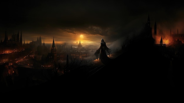 L'assassina medievale in mantello nero si trova sullo sfondo della città incandescente che brucia di notte